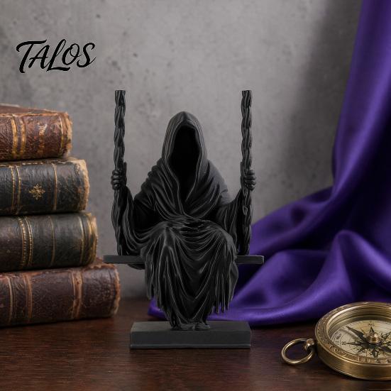 Talos 3D Printed Sitting Reaper Statue, Faceless Man In Black Robe On Swing Figurine, Gothic Cloak Sculpture Ornament, Dark Style Figurine Decoration