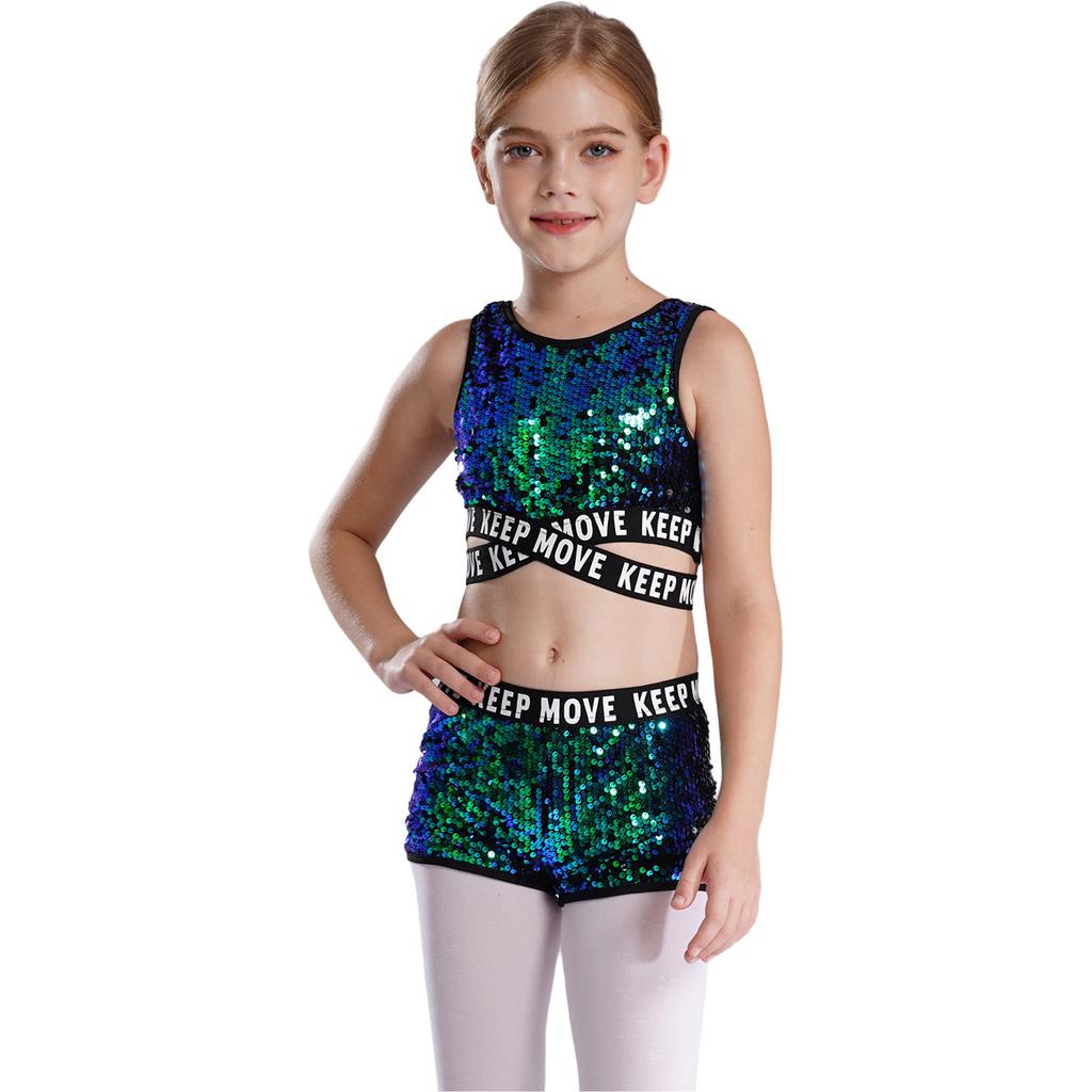 Kids Girls Sparkling Sequins Dance Clothes Set Sleeveless Criss Cross Straps Crop Top with Shorts