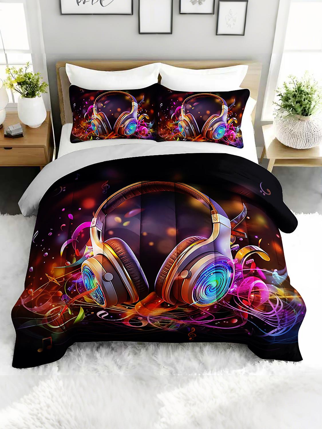 3-предметный комплект с одеялом на музыкальную тематику - Светящиеся наушники Покрывало с 2 наволочками - Декоративное музыкальное постельное белье для спальни или гостевой комнаты 240x220cm