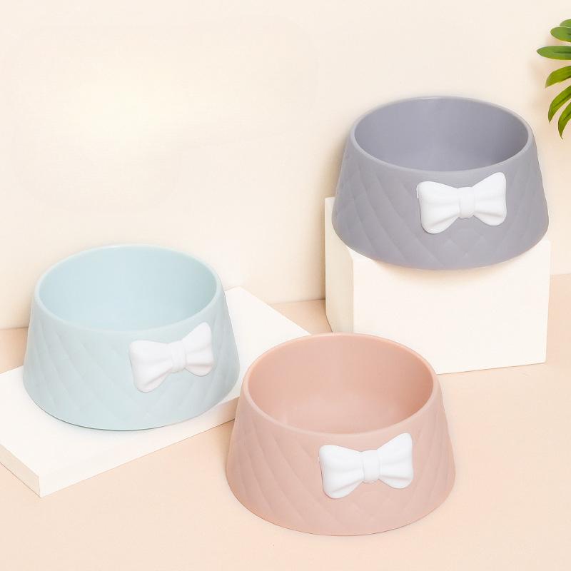 Pet Bowl Macaron Color New Style Bow Diamond Pattern Cat Bowl Deepened Leak-proof Dog Food