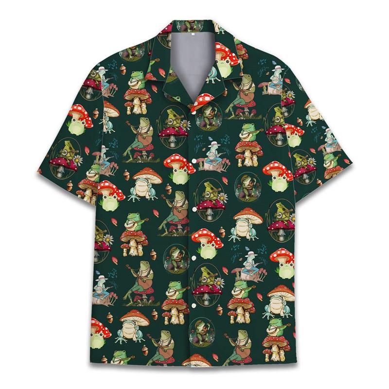 Buntes Hawaiihemd mit Pilz-3D-Druck für Herren, Sommerurlaub, Pflanzen, Strandhemden, Knopfleiste, kurzärmelig, Street-Aloha-Shirt