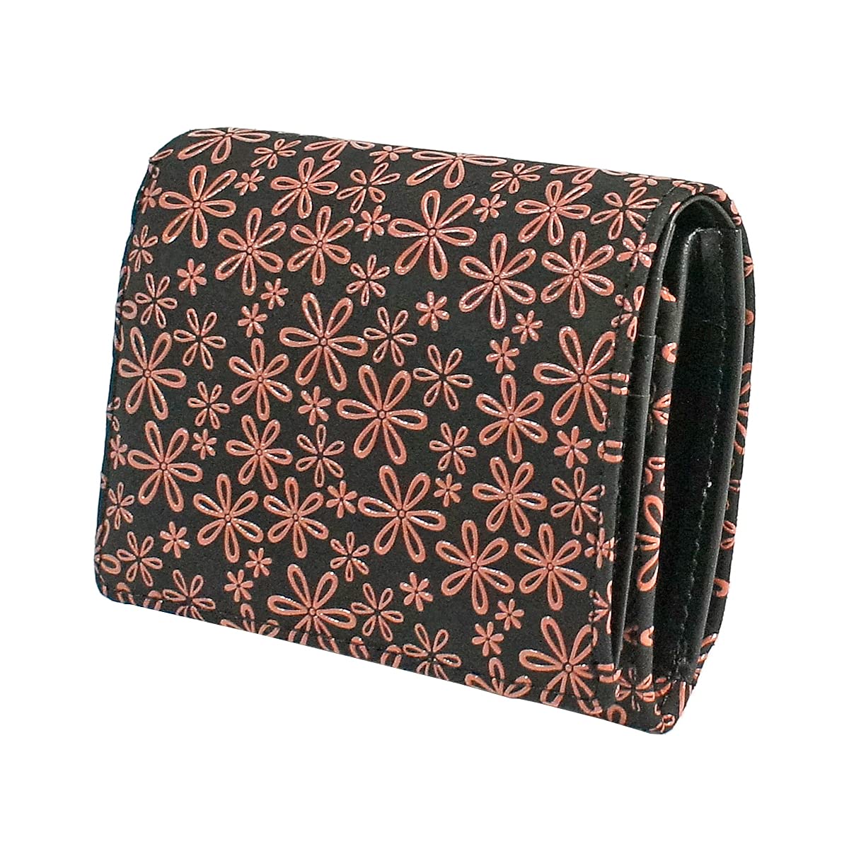 

Indenya Inden Bifold Wallet with H-shaped Bill Compartment and Box-Shaped Coin Purse, Deerskin Leather, Black with Pink Snowdrop Pattern, 2204-51-160