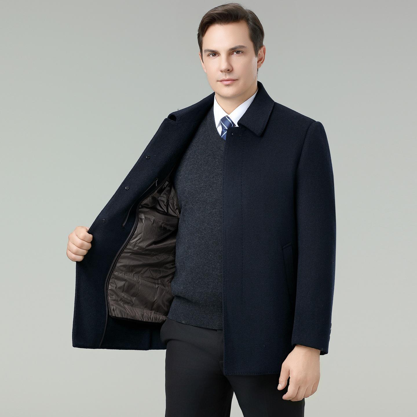 

Brand Mid-length Men s Double-faced Cashmere Coat with Duck Down Lining and Woolen Cloth, for Autumn/Winter Warmth 195 темно-синього кольору