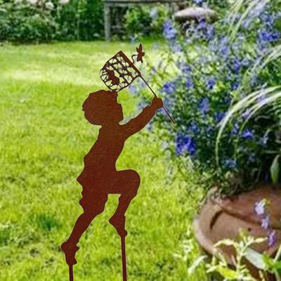 Cast Iron Children Silhouette Butterfly Figurine Garden Yard Lawn -Ground Sculpture Statues