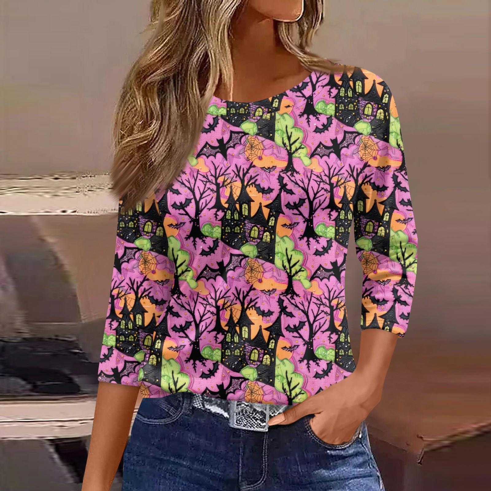 

Женская модная повседневная футболка с рукавом три четверти и принтом на Хэллоуин, с круглым вырезом XL арбуз красный