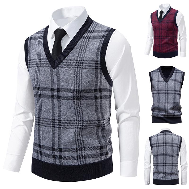 

2025 Autumn/Winter Men s Korean Style Slim Fit Plaid V-Neck Cardigan Vest XL світло-сірий колір