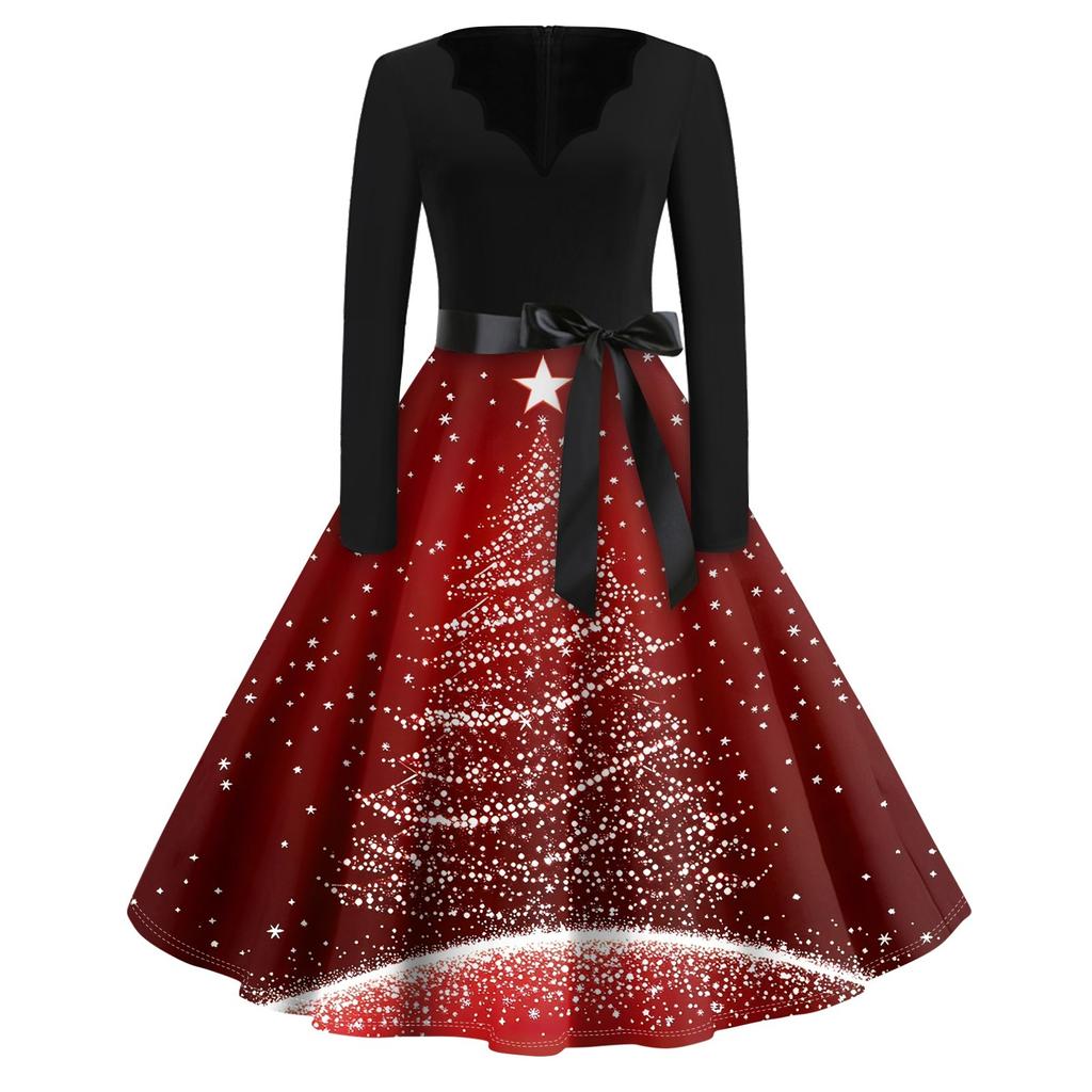 Christmas Print Flare Dress For Women Long Sleeve Dress Hollow Party Casual Dresses