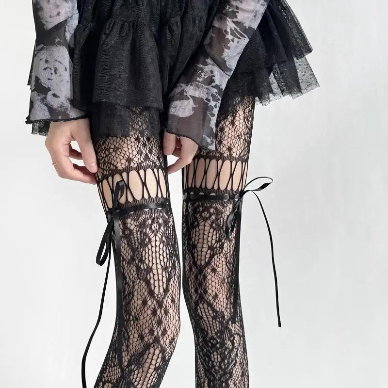 Hollow Lace Mesh Stockings with Bow Tie Pantyhose Lolita Retro Floral Vine White Black Purple Blue Grey Stockings for Women