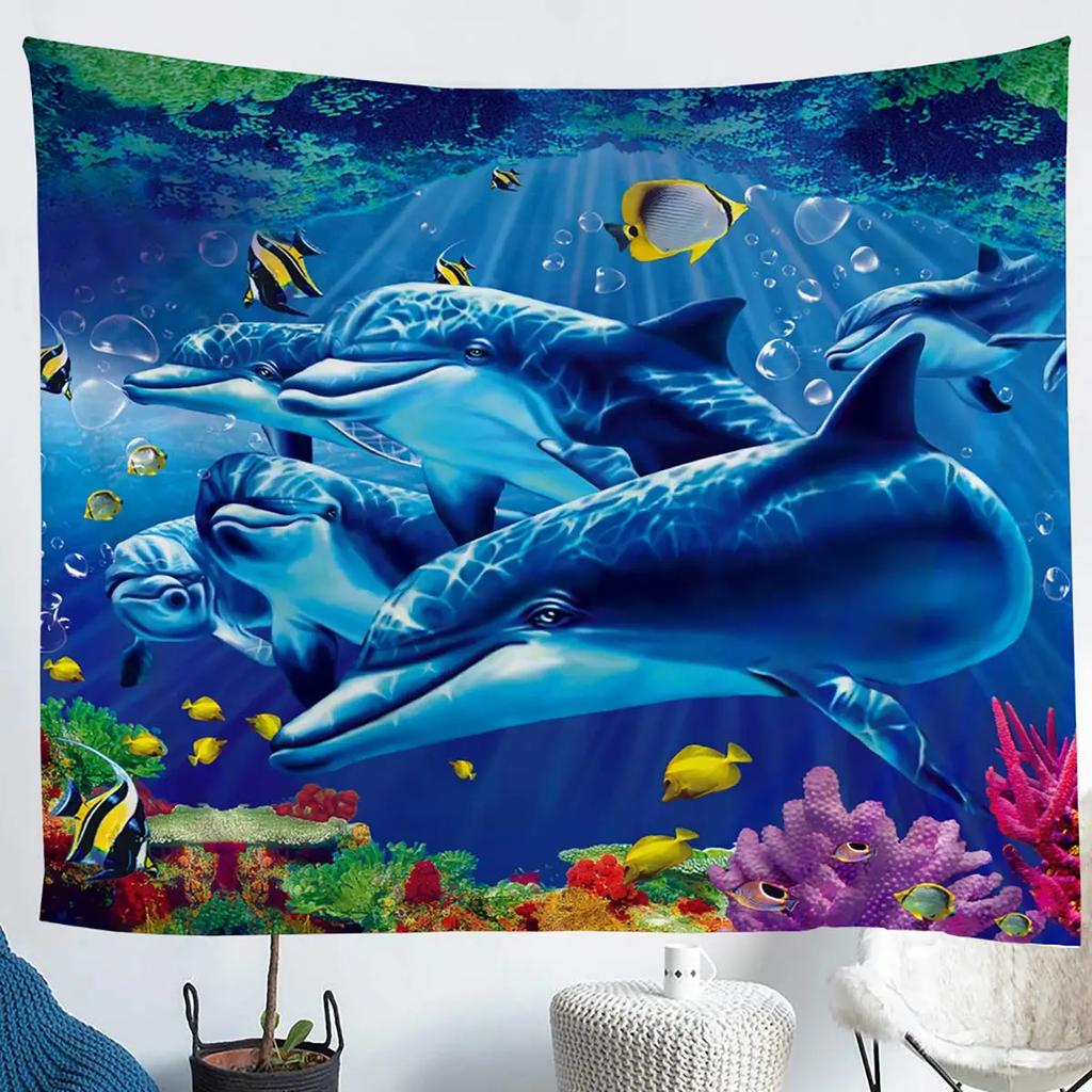 Unterwasser-Oase Wandteppich Delfin Unter dem Meer Korallenfische Anemonen Tiefsee Fantasy Blasen Wandbehänge Dekor Zimmer Wandteppiche