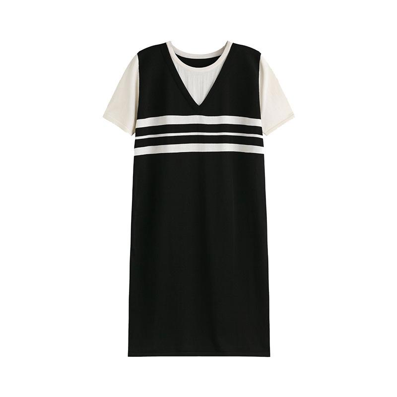 Kadın Sahte İki Parça V Yaka Tişört Elbise Kadın Düz Yazlık Kısa Kollu Örgü Elbise