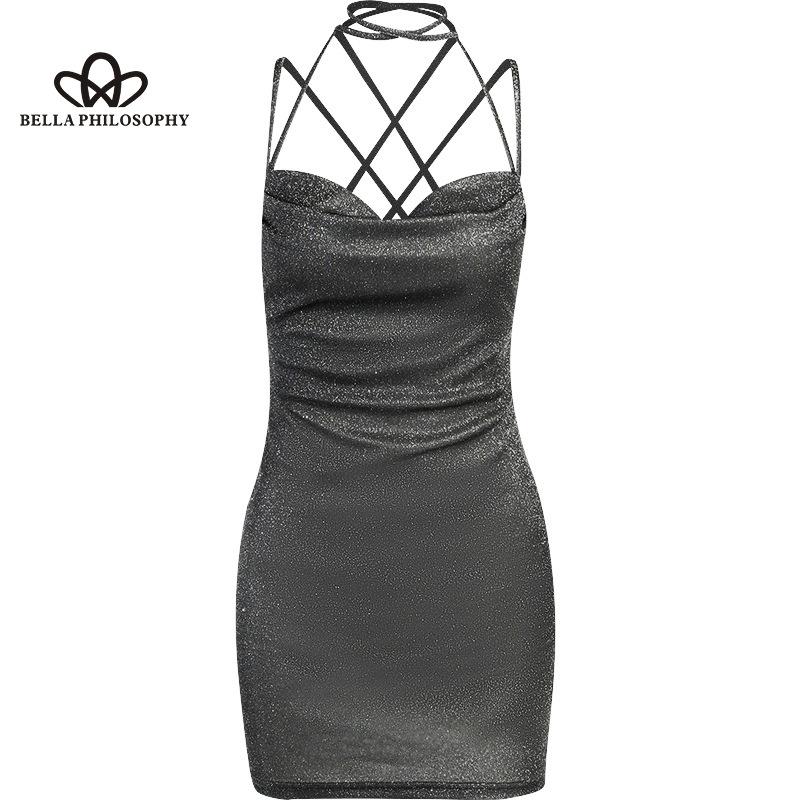 Sling Tenký Flash Sexy šaty s páskem bez zad Evropské americké Elegantní Jednobarevné Žhavé dívčí šaty Hip Krátké společenské šaty