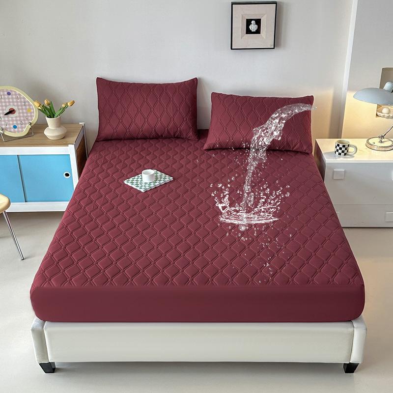 

Waterproof Solid Color Fitted Mattress Protector Cover Pair of Pillowcases