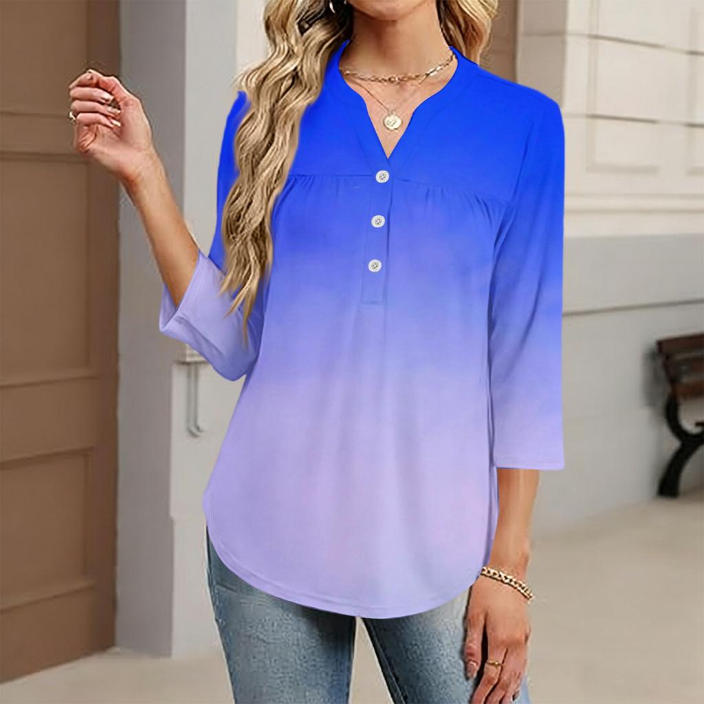 Women's Fashionable Casual Color Block Gradient Print V-Neck Button Three-Quarter Sleeve T-Shirt Top