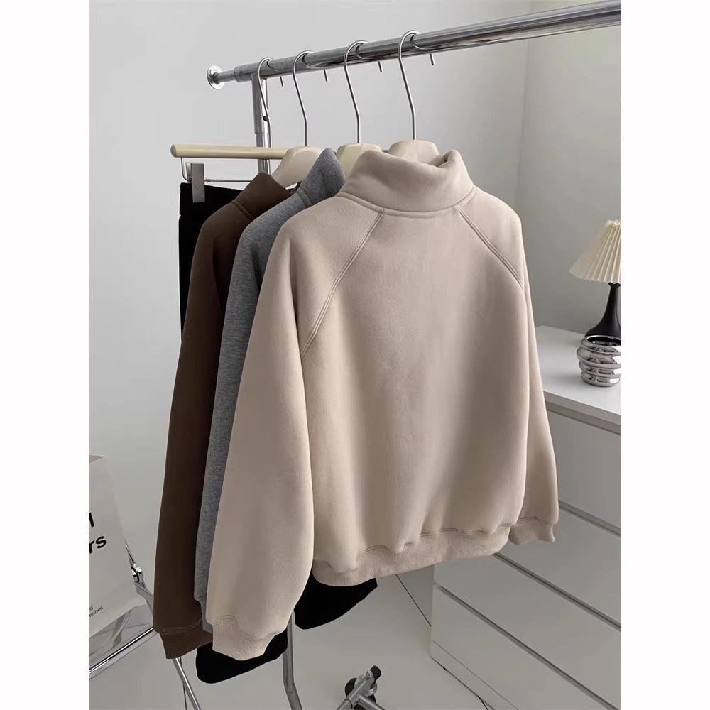 Veste Sweat-shirt en Velours Épais Col Zippé Chaud Décontracté Automne Hiver Style Coréen Navette Polyvalent Femme