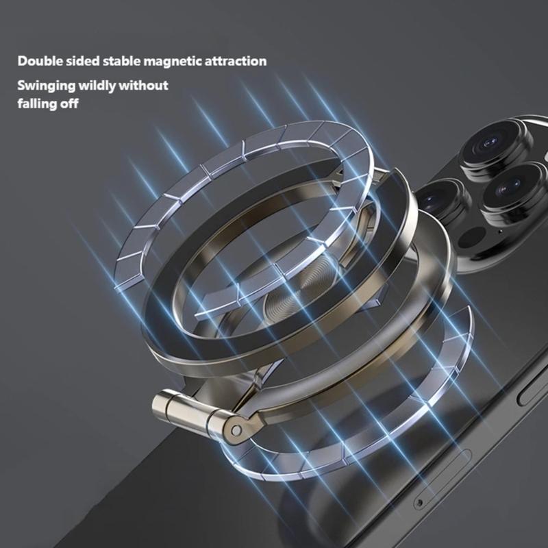 Double Hoop Magnetic Phone Holder with Full Rotation Capability Foldable Metal Construction for Desks