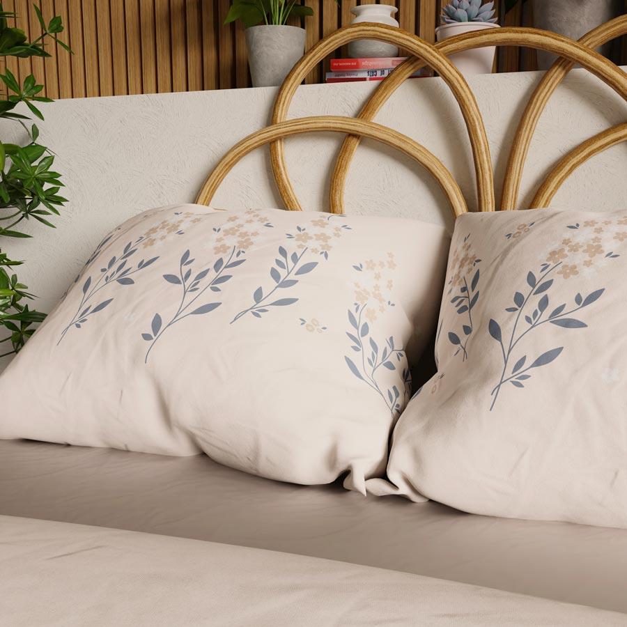 Amalia - Satin Bedding Set - Beige with Blue and Caramel Accents - Small Flowers - 220X200 Cm