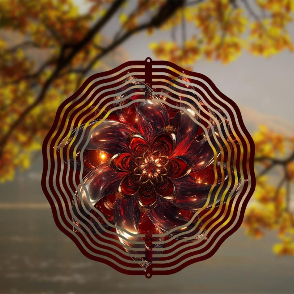 Deep Red Golden Floral Wind Spinner 10 Inch Metal Garden Decor for Outdoor All Seasons 360 Degree Hanging Hook Creative Gift