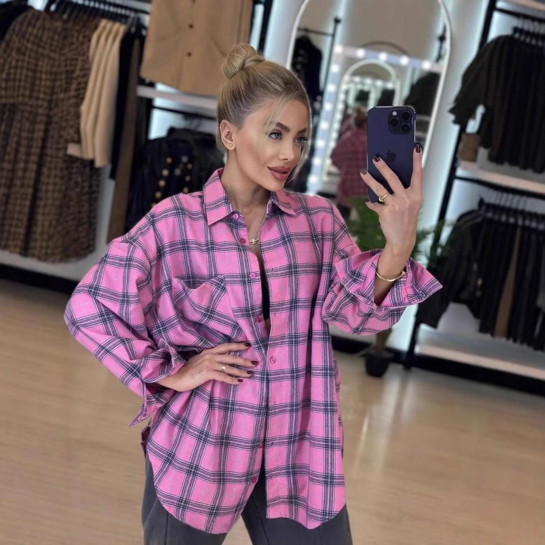 

Женская рубашка 2025 года, весенняя, в клетку ретро, с лацканами, свободного кроя, с длинным рукавом Medium розовый