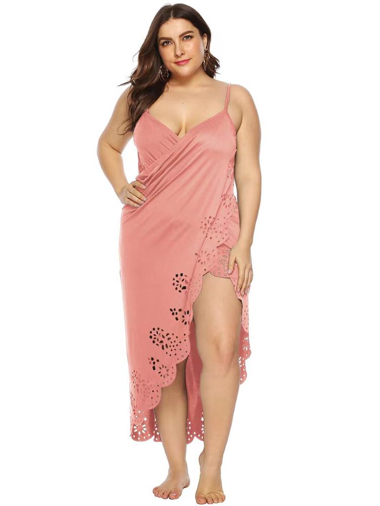

Мода Плюс Размер Кружева Полое Пляжное Платье Женщины Сексуальные Элегантные Нерегулярные Платья Слинг Женский Дизайнер Повседневная Свободная Одежда С V-образным Вырезом Леди 4XL розовый