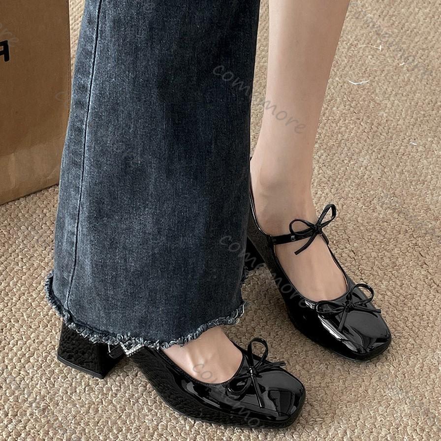 Fashion Comemore Spring Autumn Women Mary Jane Shoes Fashion Butterfly-knot Thick Heel Shallow Mouth Single Shoe Solid Square Head Pumps