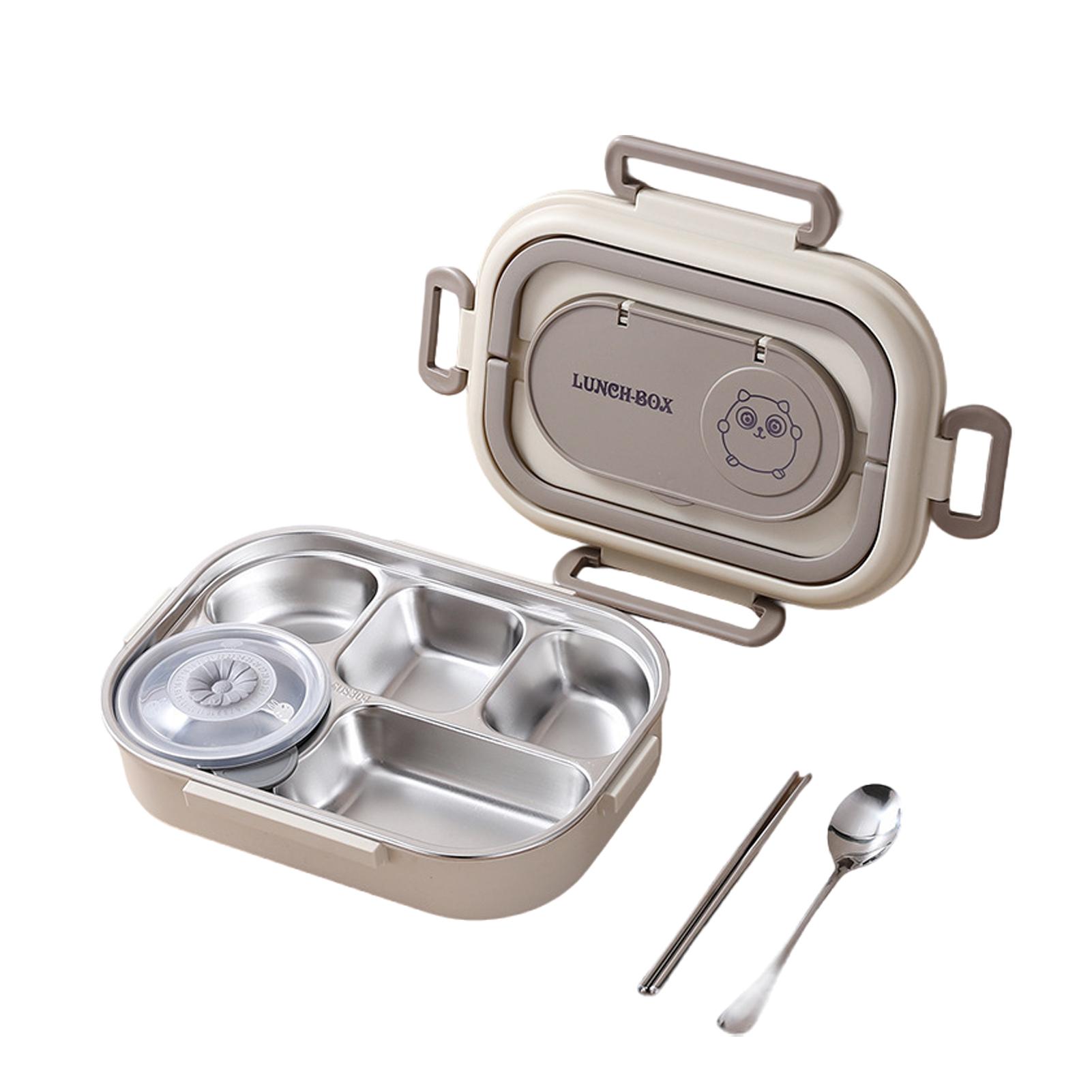 Portable Stainless Steel Lunch Box Microwave Heated Bento Container With Spoon 5 Compartments