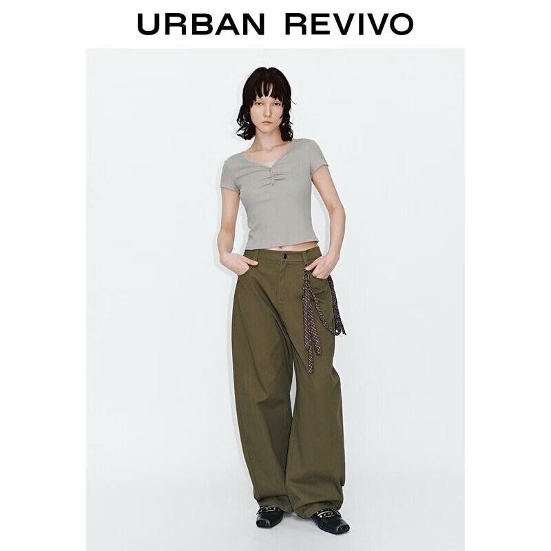 UR2026 Women s V-Neck Pleated Short T-Shirt XL хаки