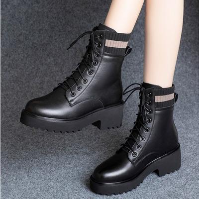 Stivali Martin in morbida pelle da donna autunnali e invernali con tacco medio, stile britannico, scarpe in cotone, stivali primaverili e autunnali con tacco grezzo