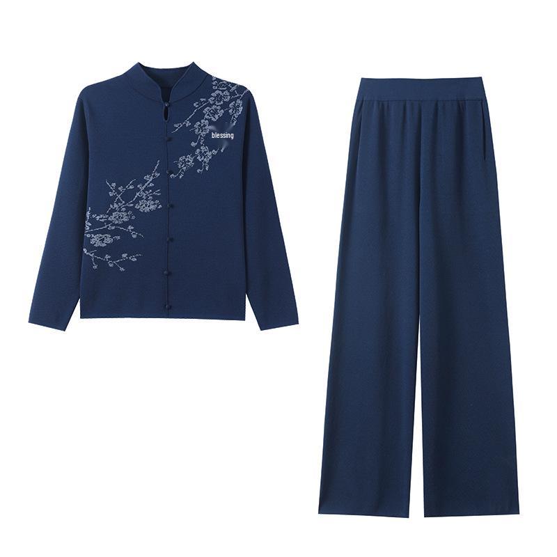 Herbst 2025 Damen Lässiges Strick Zweiteiler-Set: Lässiges Oberteil & Weitbeinige Hosen für Mütter mittleren Alters