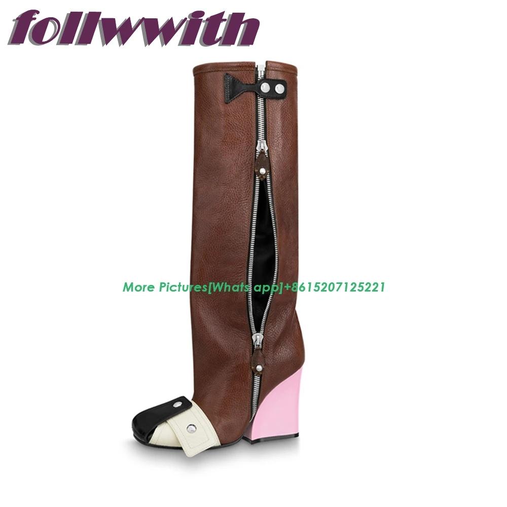 Fashion Patchwork Runway Winter Woman Booties Wedges Knee High Side Zipper Fashion Modern Newest 2025 Shoes Hot Sale Mixed Colors