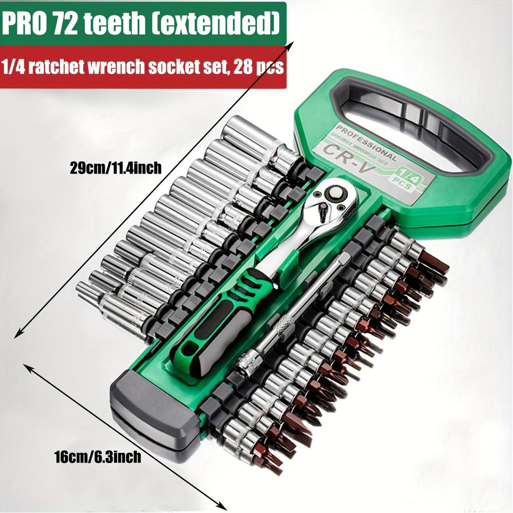 28-Piece Drive Socket Set 1/4",CR-V Metric Sockets with Quick-Release Ratchet Wrench, Sockets Set for Car Repair