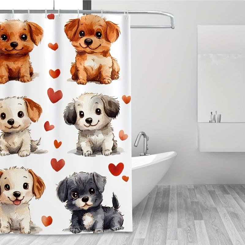 1pc Cute Cartoon Dogs & Hearts Shower Curtain, Durable Polyester, Easy Clean, Machine Washable