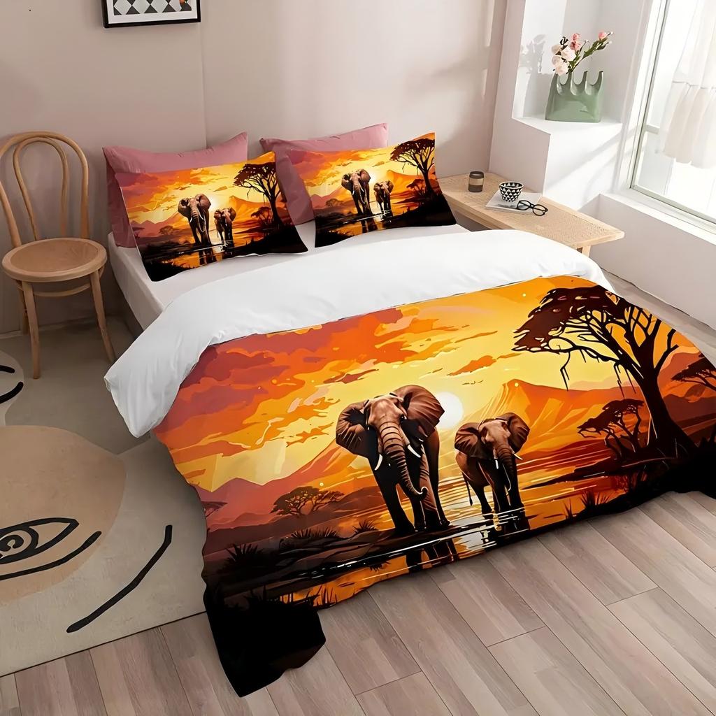 Sunset Mountain Range African Grassland Elephant Duvet Cover Soft Comfortable Bedding Set Wildlife Theme Quilt Cover Pillowcase