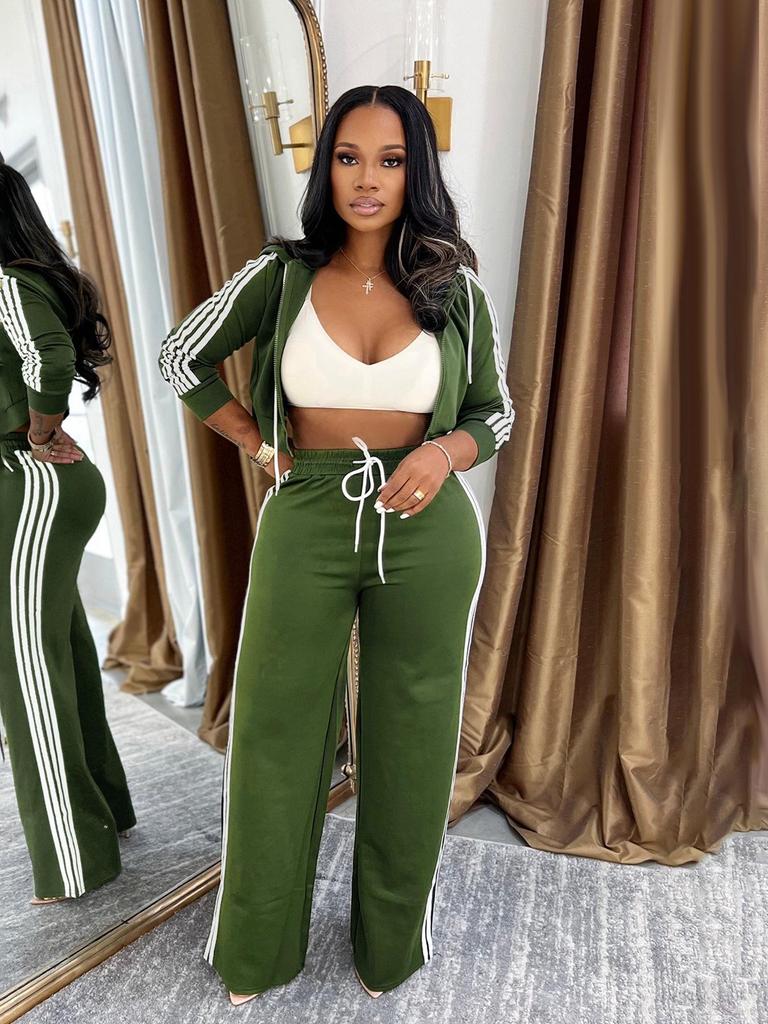 TW802 Women's Autumn/Winter Striped Hooded Cardigan & Straight-Leg Trousers Set