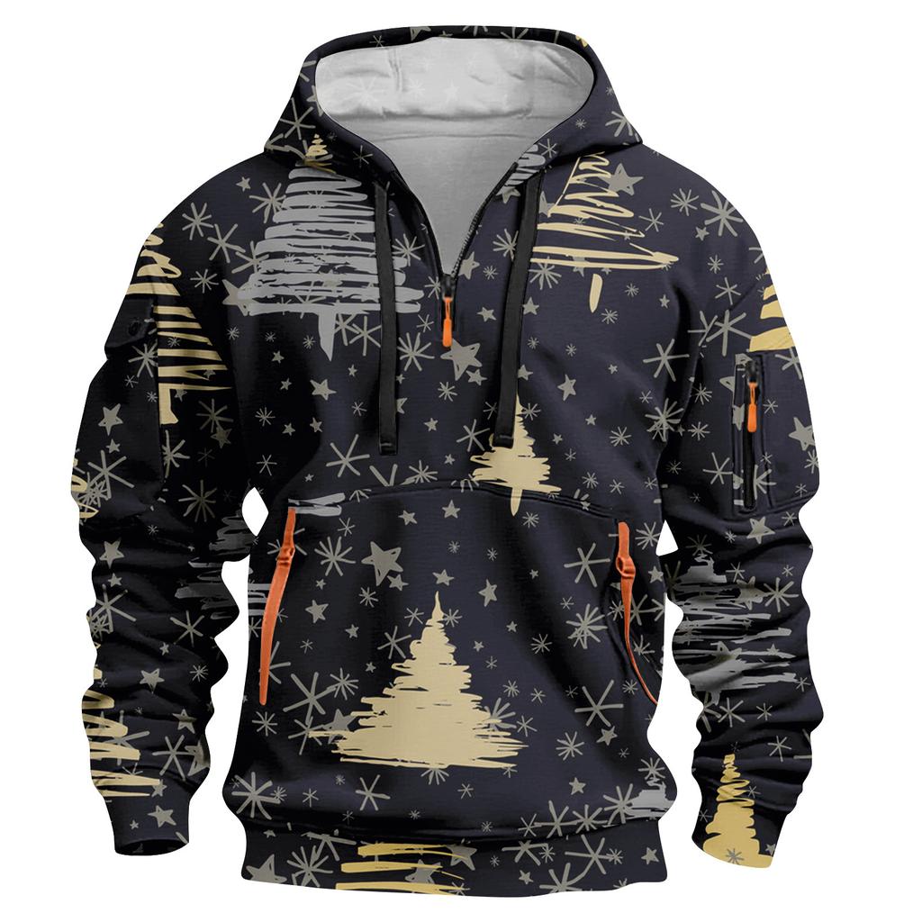 Sudadera deportiva casual de media cremallera con capucha y estampado navideño para hombre