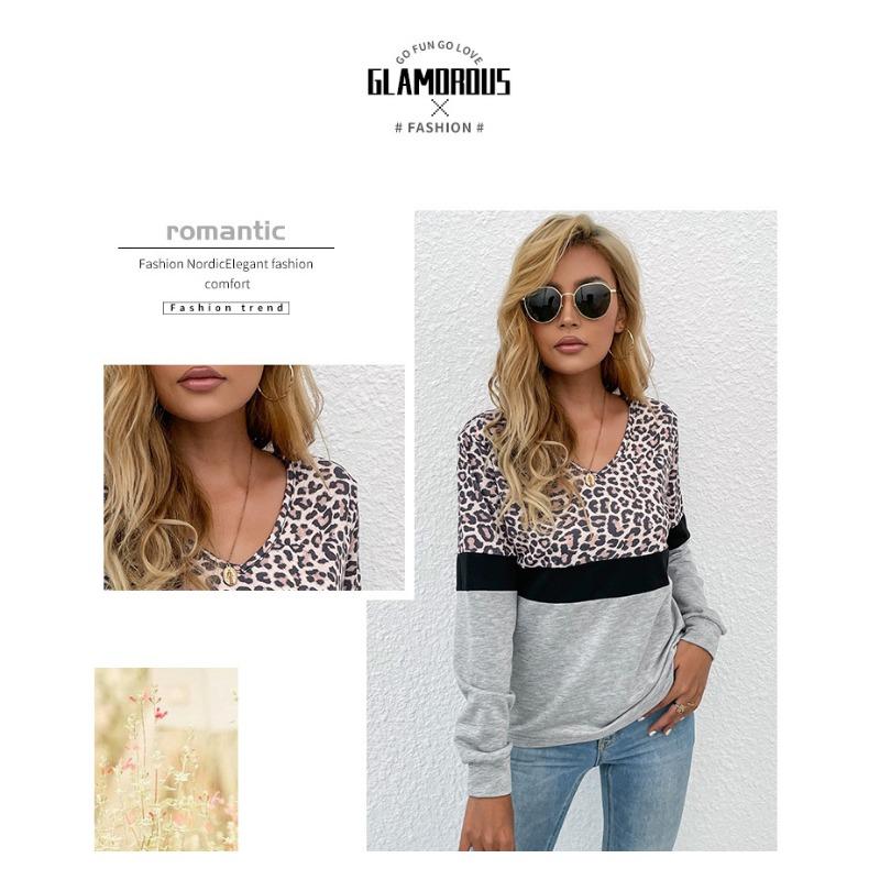 Leopard Print Patchwork Long Sleeved Top Women's V-neck Pullover Casual Hoodie Loose Simple Commut Bottoming Shirt Autumn