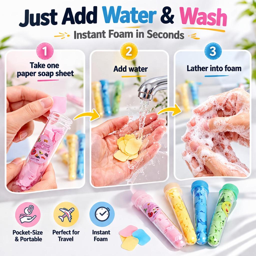 Smizzy Flower Design cute Tube Shape Bottle Disposable Mini Scented Travel Soap sheets | Bath Flakes Paper Soap Clean Soft Bath For School Kids and