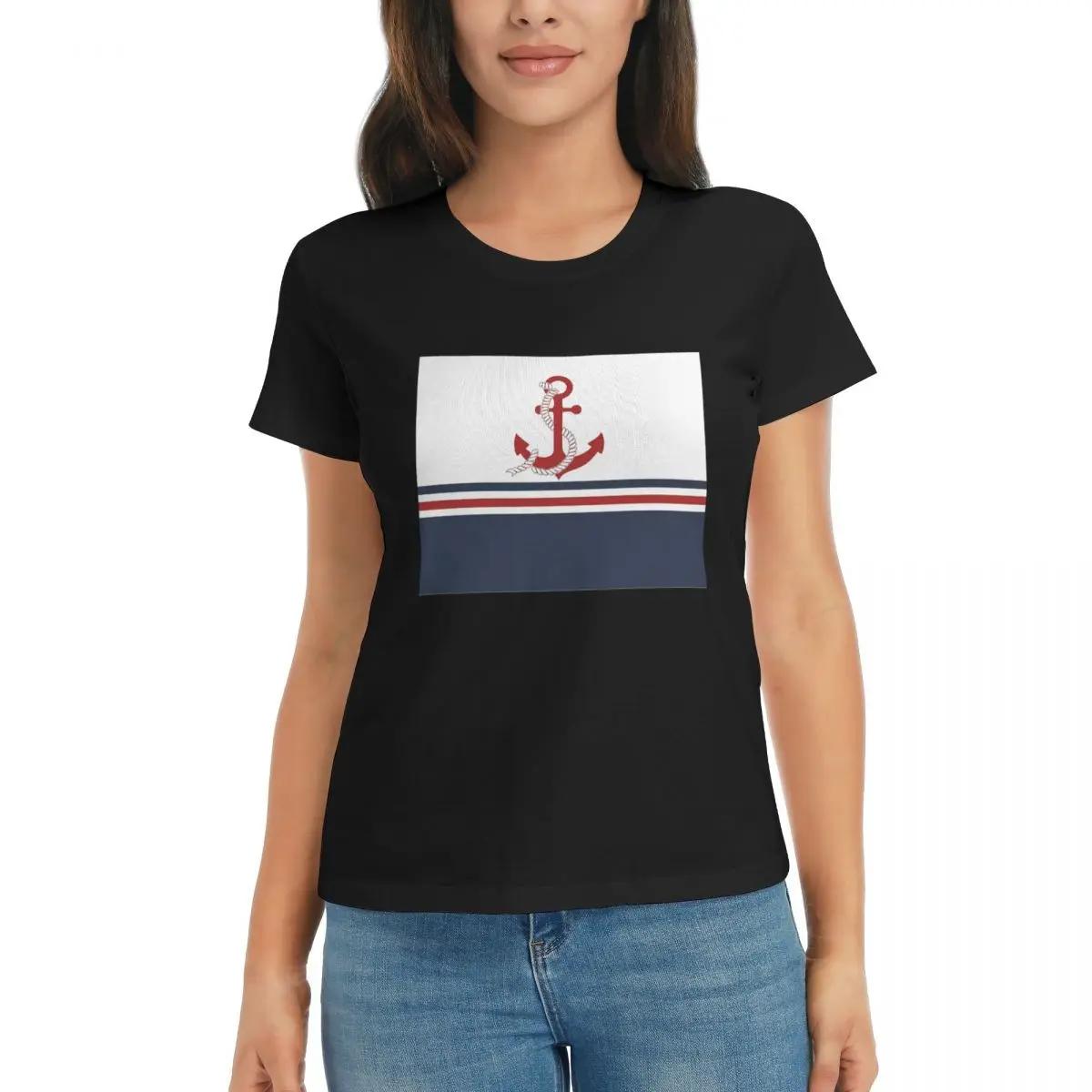 

Women TShirt Nautical Navy Blue And White Stripes With A Red Anchor Short Sleeve Tees Crew Neck Cotton T Shirts Clothes Tops 4XL
