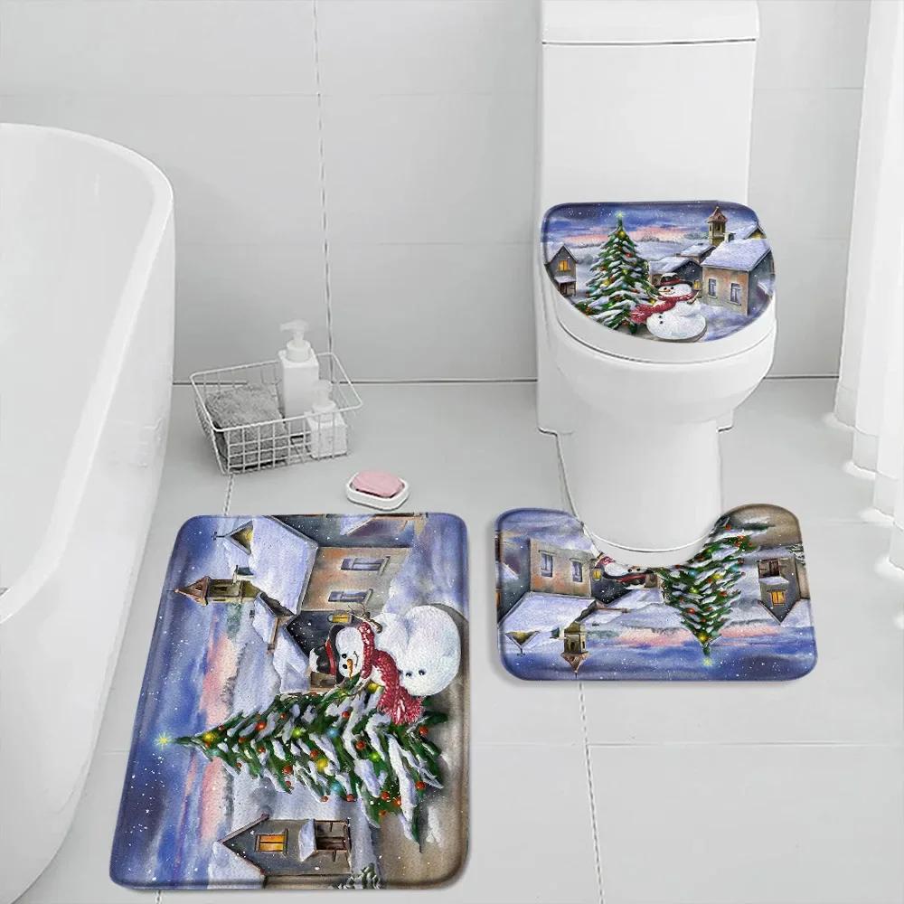 Winter Weihnachten Duschvorhang Set Niedlicher Schneemann Rote Vögel Geschenke Wald Zeder Neujahr Xmas Badezimmer Deko Duschvorleger Toilettensitzbezug