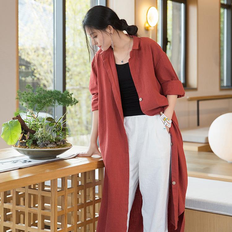 Women Vintage Linen Long Shirts Solid Color Long Sleeve Blouses Spring Summer Button Turn-down Collar Shirt