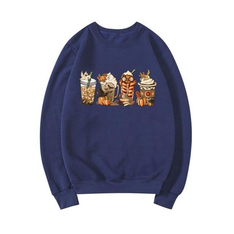 Pumpkin Spice Coffee Lover Women Fall Cozy Horror Sweatshirt Pullover Halloween Clothes