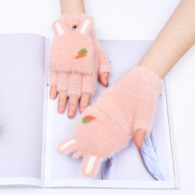 Gloves Women's Autumn and Winter Thickened Warm Flip Half Finger Cute Rabbit Ears Radish Pattern Student Velvet Gloves