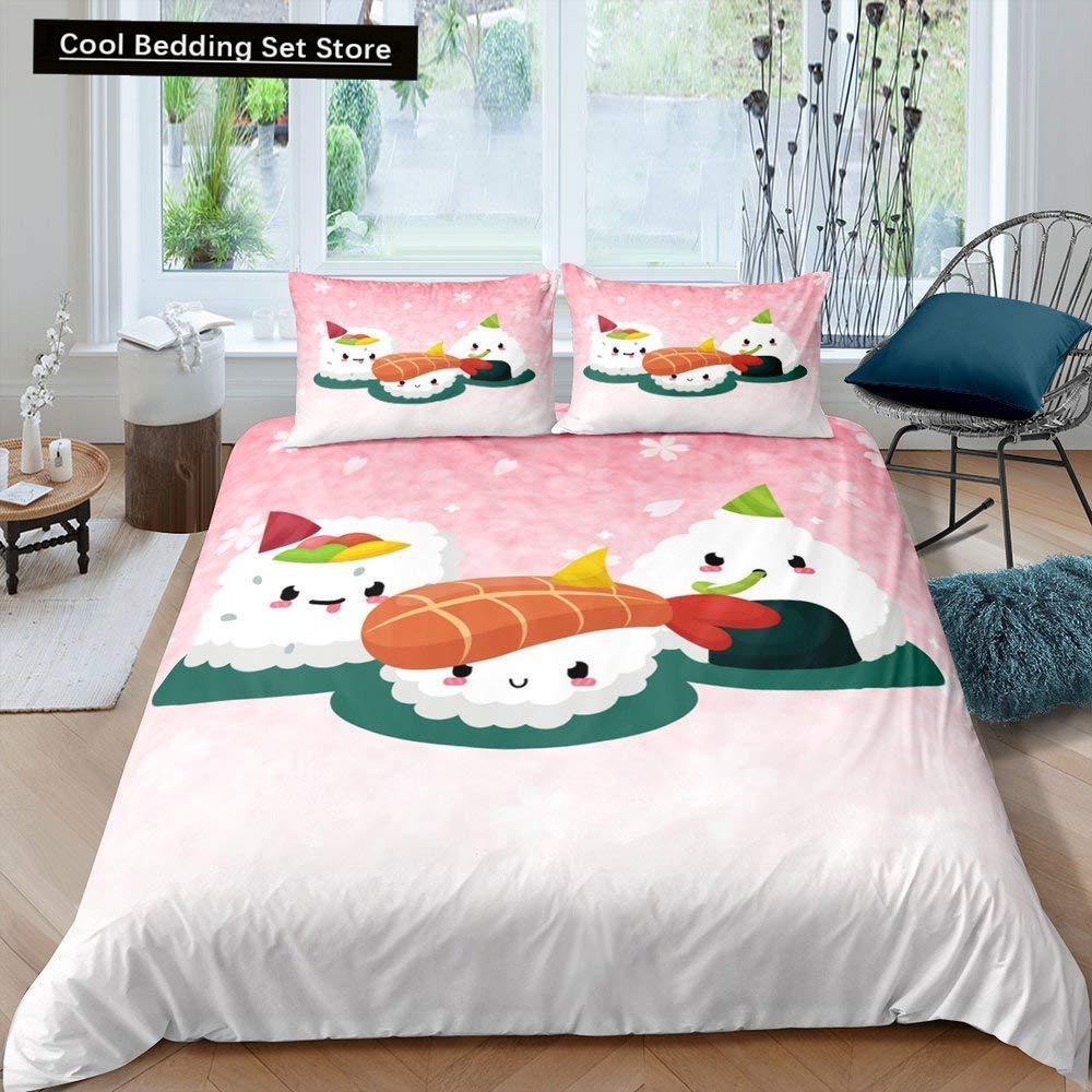 Japanese Sushi King Queen Duvet Cover Little Cat Bedding Set Novelty Cartoon Pet Animal Japan Food White Polyester Quilt Cover