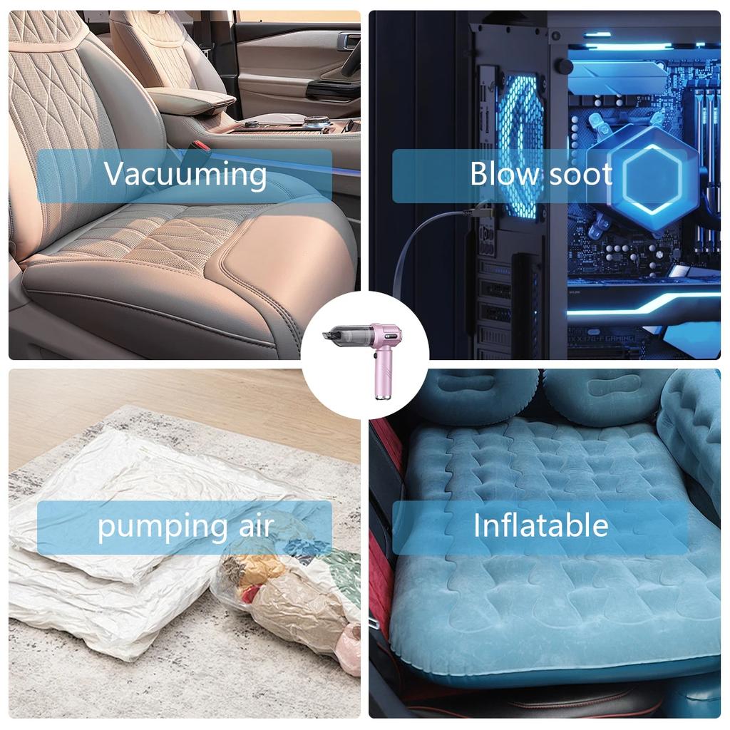 Rosa Tragbarer Auto-Staubsauger Hohe Leistung Für Heim- und Autogebrauch mit LCD-Display Handstaubsauger Doppelfunktion Aufpumpen Staubentfernungswerkzeug