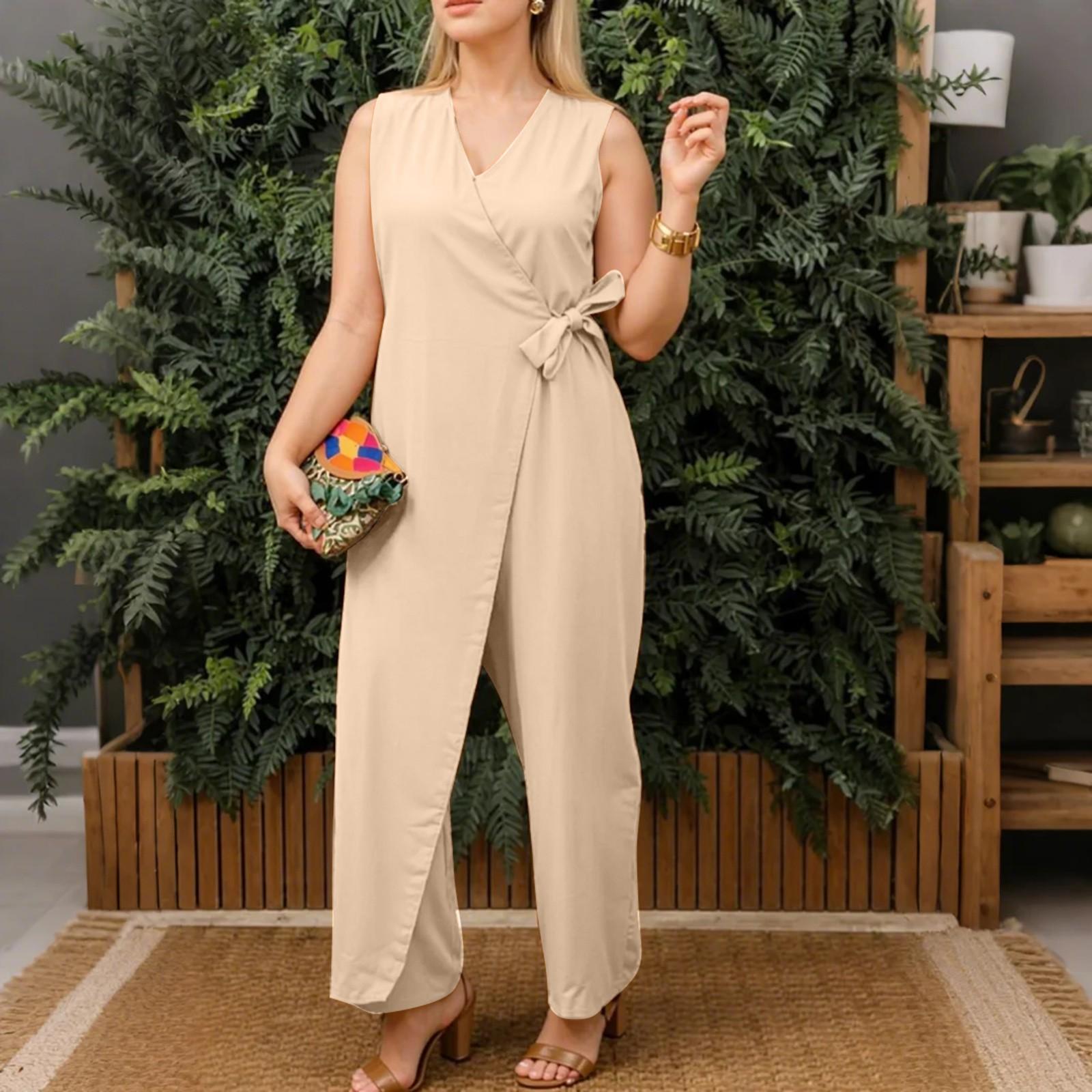 

Женский комбинезон, повседневный, однотонный, без рукавов, с V-образным вырезом, на молнии, на бретелях XS хаки