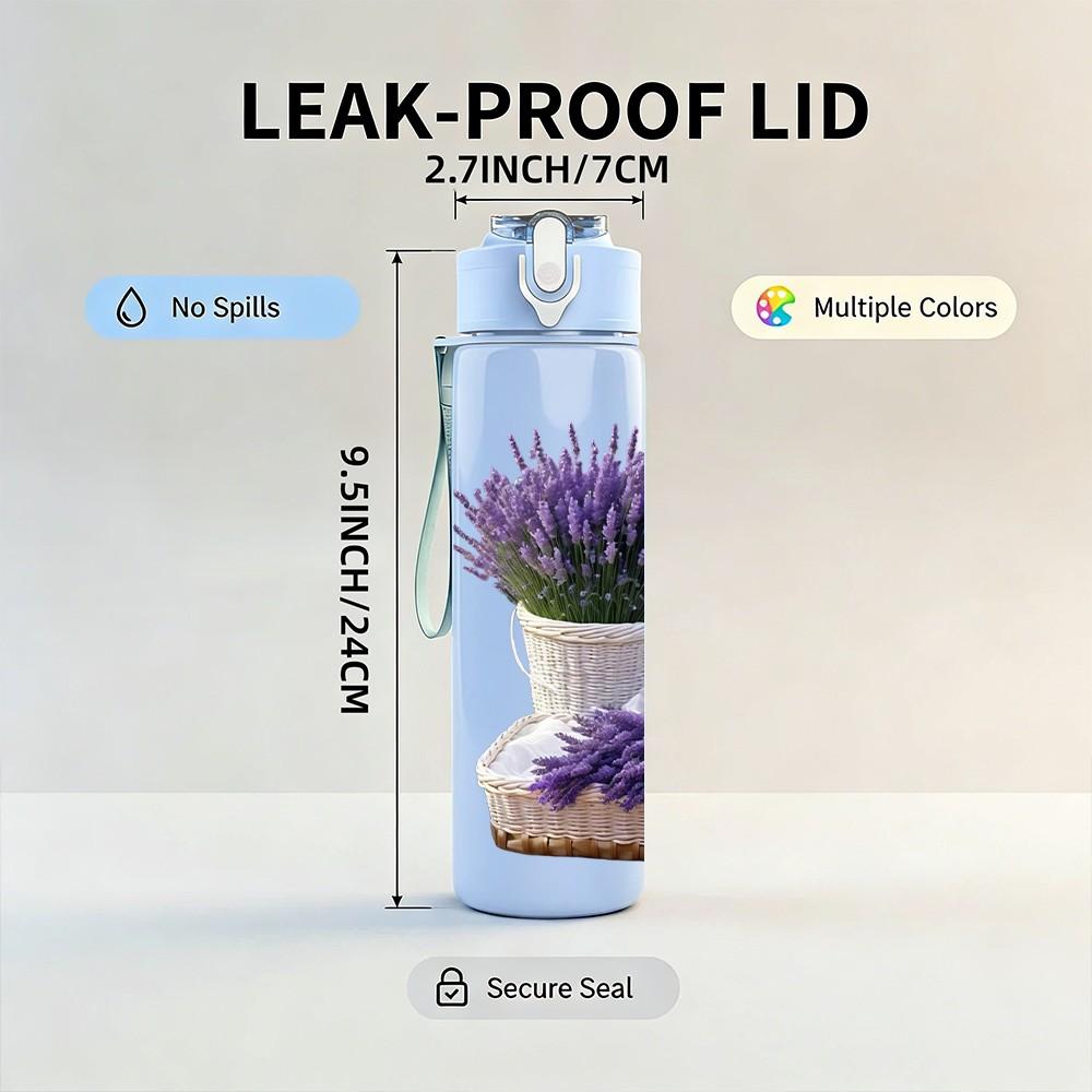 1PC Purple Lavender Potted Plant Print 750ml Color Plastic Sports Water Bottle Leakproof Flip Straw Lid Suitable for Sports Office Home Use