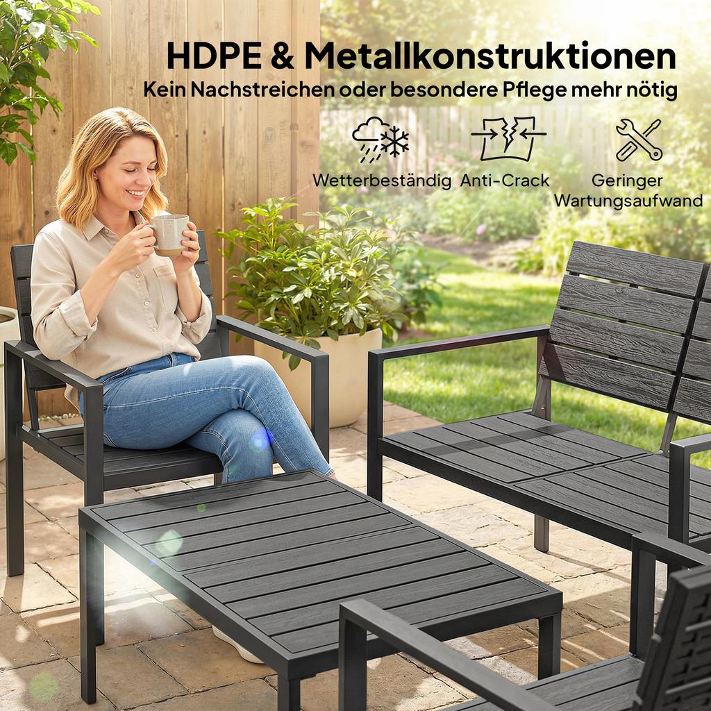 4 Piece Garden Furniture Set, Outdoor Sofa Set with HDPE Slatted Loveseat Armchairs Coffee Table Metal Frame, Black