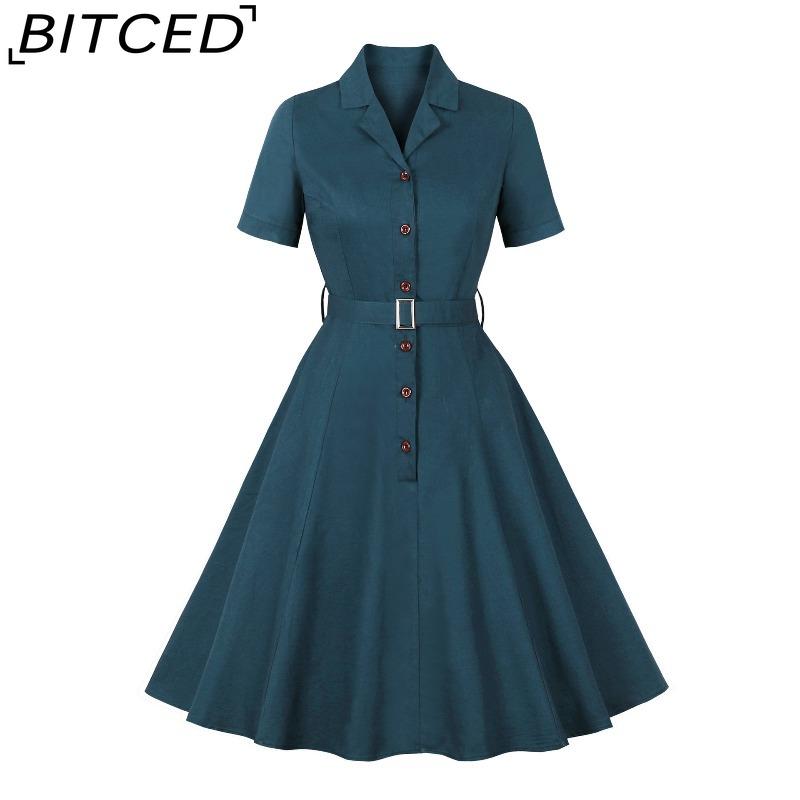 BITCED Women's Single-Breasted Wide-Skirted Retro-Style Waist-Cinched Solid-Colour Dress