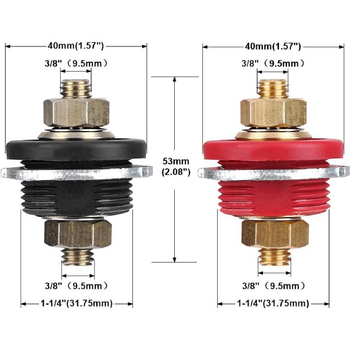 Battery Terminal Connector, Pack of 2 3/8in Thru Panel Battery Terminal Connector 250A Positive Negative Junction Stud Post for Cars RVs Ships Yachts