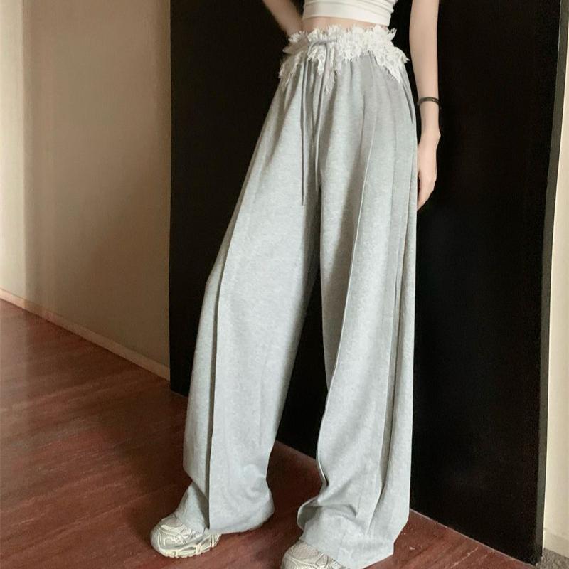 Women's Autumn Gray Sweet Spicy Style Straight-Leg Joggers - Lace Paneled High-Waist Vintage Floor-Length Wide-Leg Casual Pants