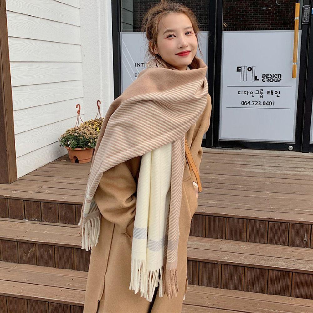 Korean Style Women's Cashmere Scarf Thickened Winter Neck Warmer Checkered Scarf  Autumn Winter